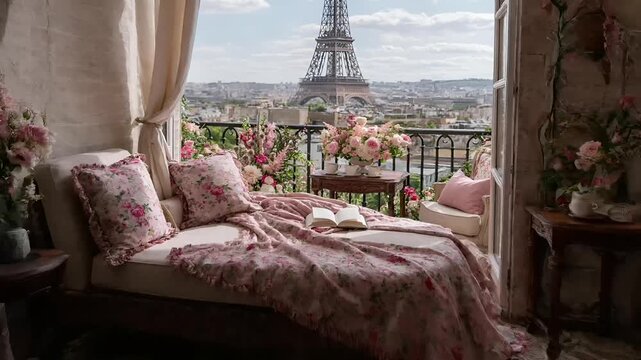 Paris, France, Europe. A detailed, romanticthemed bedroom scene features a panoramic view of the Eiffel Tower in Paris, France.