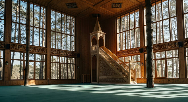 Serene wooden mosque interior with minbar forest views and sunlight on green carpet