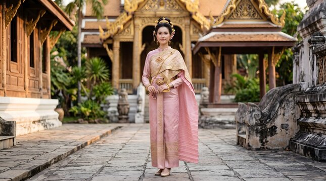 Thai woman in traditional pink clothing stands in an ornate temple courtyard. Suitable for cultural tourism, heritage, traditional fashion, and Southeast Asian editorial content.