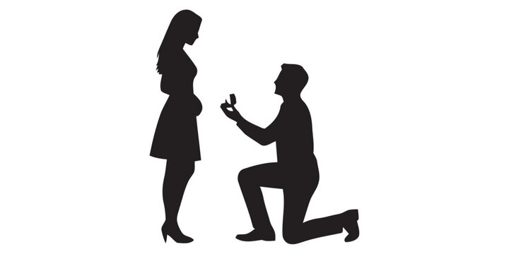 Emotional Silhouette of a Man Proposing Marriage to a Woman on One Knee with an Engagement Ring, Symbolizing Love, Commitment, and the Excitement of a Future Together