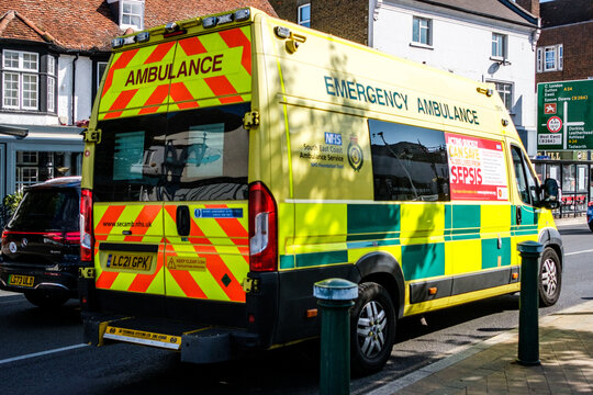 Close Up Of A South East coast Ambulance Service NHS Emergency Vehicle On A Town Centre Road