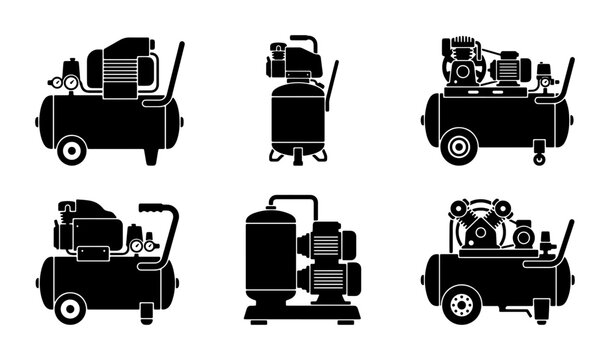 Set of Six Black Silhouette Air Compressors, Industrial Equipment Icons, Mechanical Devices Vector Collection for Commercial Use