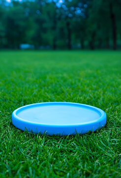 Outdoor recreation and active lifestyle, blue frisbee disc on vibrant green grass in a park setting