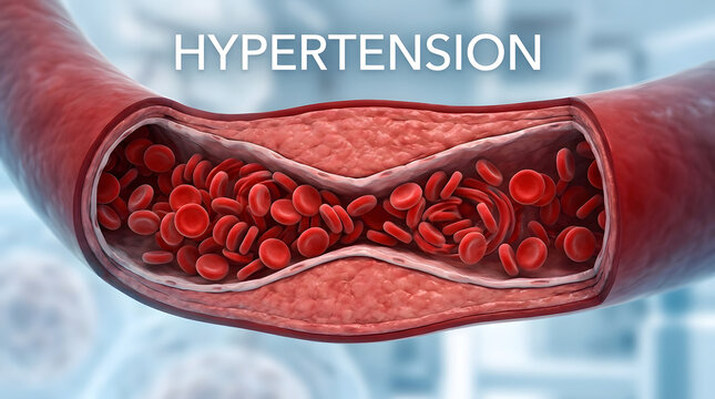 Cross section of a human artery with hypertension and restricted blood flow, red blood cel