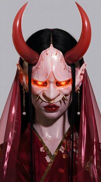 Close Japanese folklore-inspired fantasy portrait with red horns, fiery eyes and mask-like facial markings. Suitable for horror, gaming and supernatural publishing.
