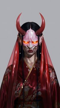 Japanese folklore-inspired fantasy woman with curved red horns, glowing eyes and a translucent veil. Suited to horror publishing, Halloween campaigns and fantasy media.