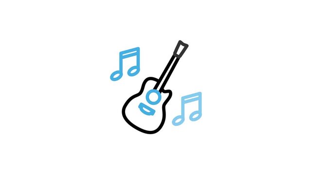 Animated guitar music icon with notes melody for concert, acoustic, event, instrument, entertainment, hobby, performance, studio, song, artist. Motion graphics video with alpha channel
