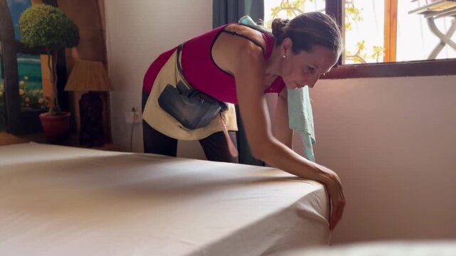 Mujer haciendo la cama y estirando la s&aacute;bana