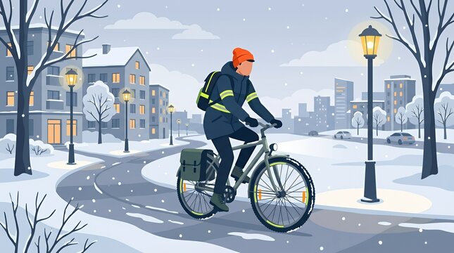 Man cycling on snowy city street in winter.