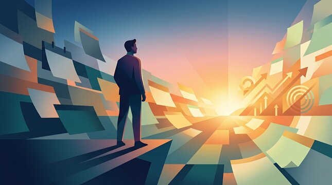 Man overlooking sunrise through abstract geometric horizon.