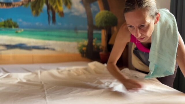 Mujer haciendo la cama en dormitorio desenfocado