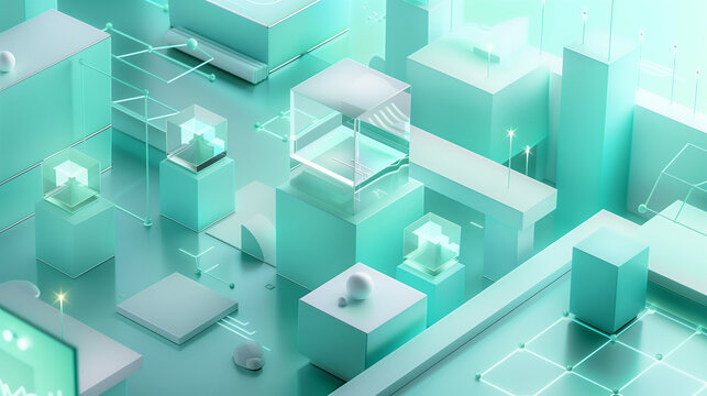 Abstract 3D isometric tech workspace background with floating glass cubes and data elements for business presentation template 02