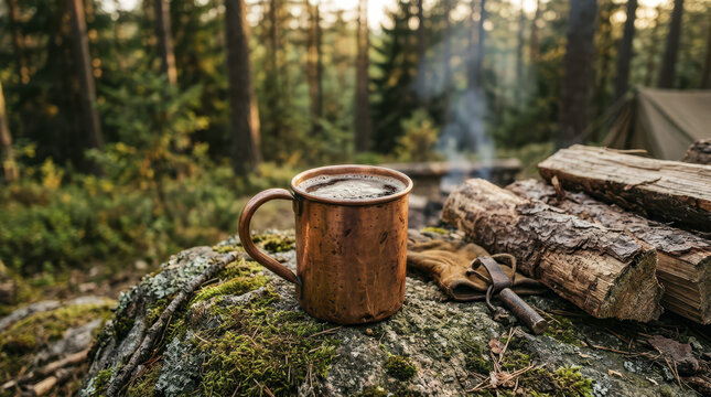 Mug of Coffee on Mossy Rock at Campsite Surrounded by a Serene Forest in Morning Light