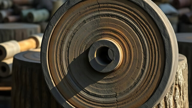 Two massive, weathered stone millstones with concentric grooves in soft morning light.