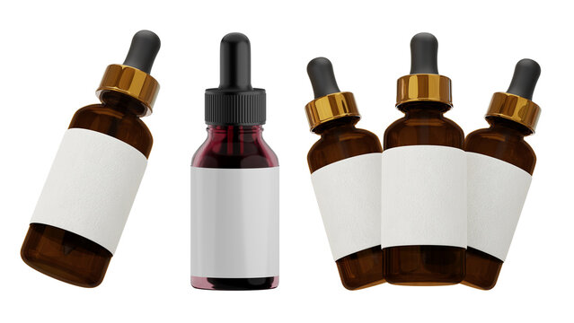 Set of Amber Glass Dropper Bottles with Blank White Labels for Cosmetic Serum and Essential Oil Packaging Mockup