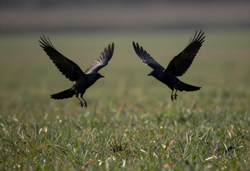 Obraz premium Freedom and nature concept, two black crows in flight over a green field, wildlife and birdwatching in natural habitat
