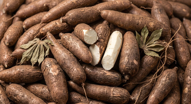 Pile of fresh raw cassava roots with peeled white flesh piece and leaves displayed at a traditional market