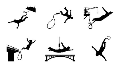 Fototapeta premium Bungee Jumping Silhouettes: Extreme Sports, Adventure, and Thrill-Seeking Vector Icons Set