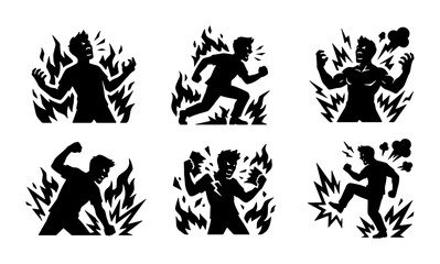 Fototapeta premium Set of 6 Silhouette Icons: Anger, Rage, Frustration, Stress, Outbursts, Emotional Distress, Human Figures in Flames and Lightning, Vector Graphics for Communication and Emotion Concepts