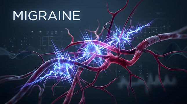 Migraine neurological pain visualization showing electric impulses traveling along nerve