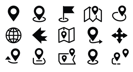 Fototapeta premium Road sign globe map pin vector icon, minimalist doodle outline symbol for travel routes, GPS navigation, location services and tourism design.