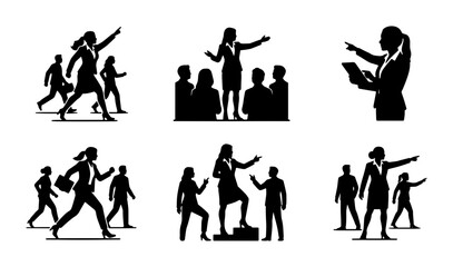 Obraz premium Business Leadership Icons Set, Female Leader Guiding Team, Motivational Speaker, Corporate Strategy Silhouettes, Professional Development Collection