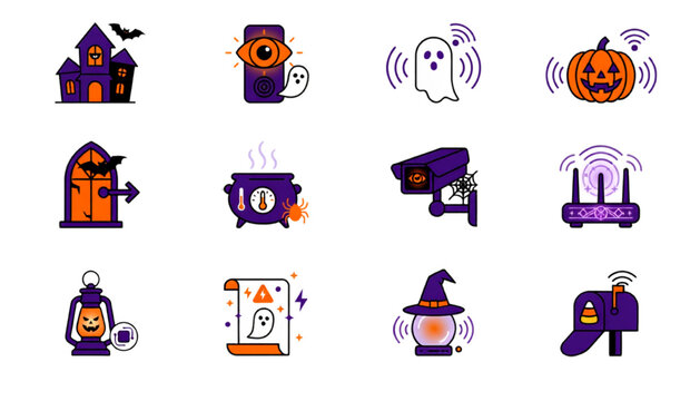 Spooky home security graphic collection featuring cameras, sensors, wireless technology and Halloween symbols vector design
