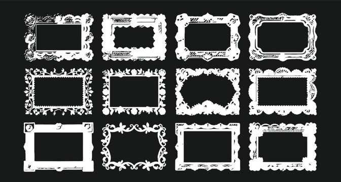 Distressed vintage decorative frames and borders collection with grunge vector shapes and retro photo edges