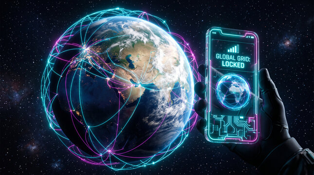 A breathtaking view of Earth from space, with a highly detailed, glowing neon network of telecommunication lines wrapping around the planet.