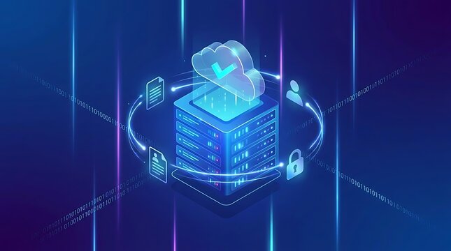 Isometric server rack with cloud computing and data security icons