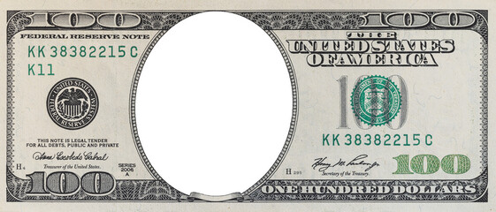 Fototapeta na wymiar US 100 dollar bill PNG template with transparent oval frame for portrait insertion