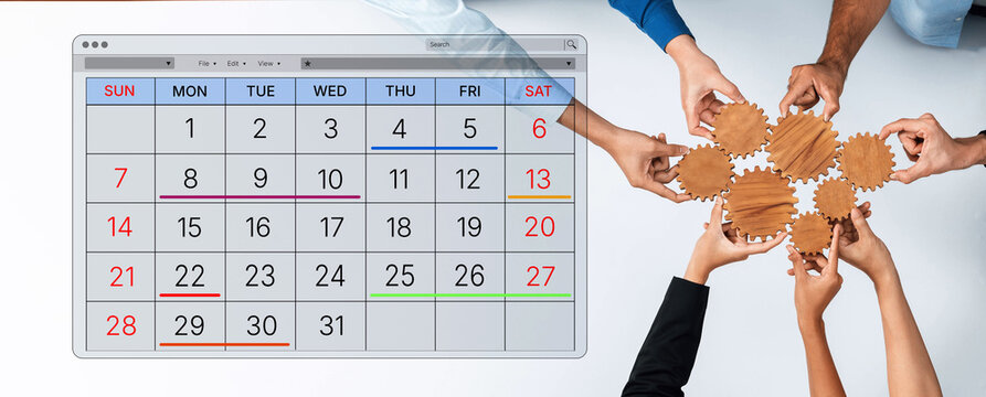 Collaborative Teamwork with Hands Assembling Gears Next to a Digital Calendar Reflecting Productivity and Project Planning in Modern Workspace. Bitwise.