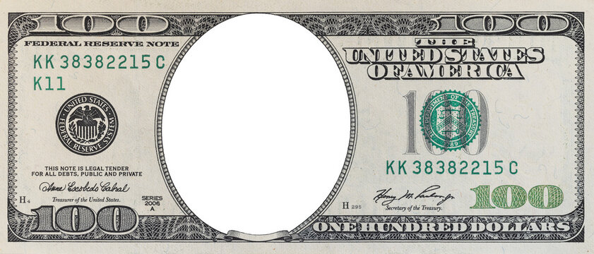 US 100 dollar bill PNG template with transparent oval frame for portrait insertion