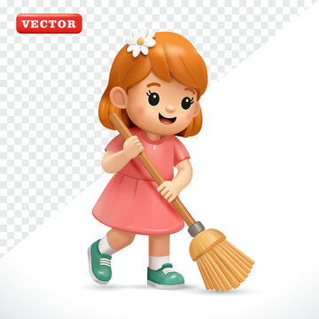 Cheerful little girl is sweeping the floor, 3D vector. Suitable for education