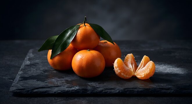 Fresh Vine Mandarins with Leaves and Segment Slices Dark Slate Stone