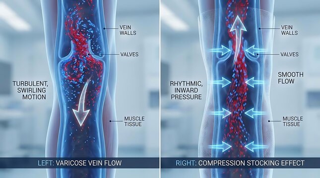 Medical illustration of varicose vein and compression stocking blood flow