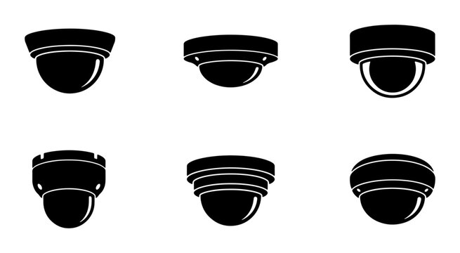 Security Camera Icons Set, Surveillance Dome CCTV Equipment, Modern Monitoring Devices, Vector Graphics Collection