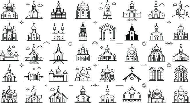 Christian church and cathedral line icons set. Outline vector collection featuring chapels, orthodox churches, religious architecture, temples, worship buildings and faith symbols