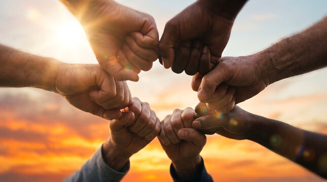 Diverse hands joining together in a powerful fist bump circle against a vibrant sunset sky representing unity and collaboration