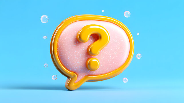 3d yellow question mark inside a pink speech bubble on blue background