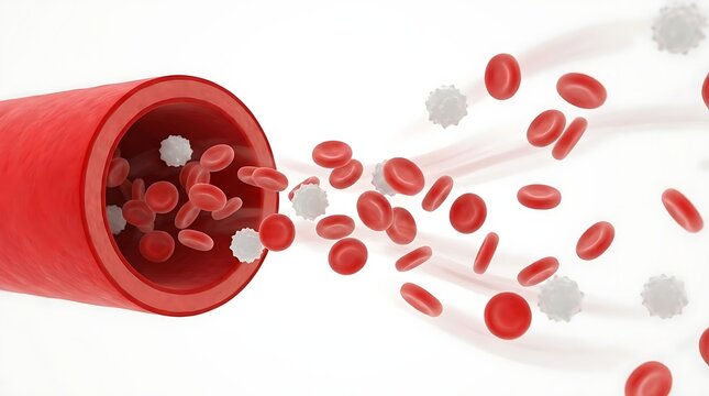 Red blood cells flowing from blood vessel