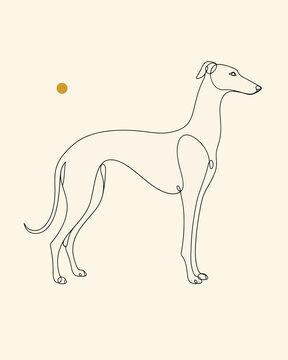 Elegant Greyhound standing in minimalist continuous line art, emphasizing the slender body, long legs, and graceful profile of the classic sighthound breed.