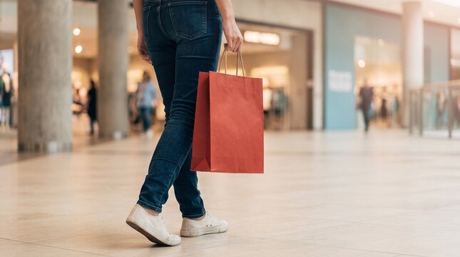 Red shopping bag close-up in Soft Muted Neutral Stock Photography Style With Natural Light and Clean Copy Space
