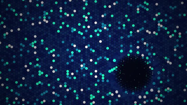 Dark Blue Digital Motion Background Featuring Glowing Hexagon Grid Pattern With Pulsing Black Hole