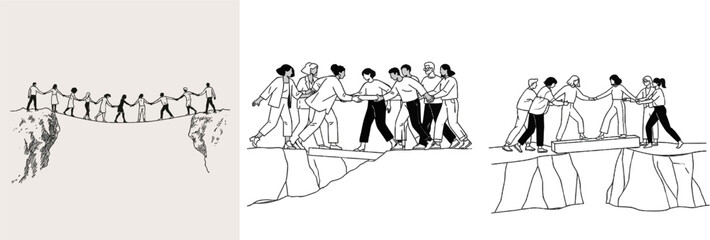 Fototapeta premium A diverse group of professionals is working collaboratively to build a bridge over a chasm, symbolizing unity and teamwork in overcoming challenges together