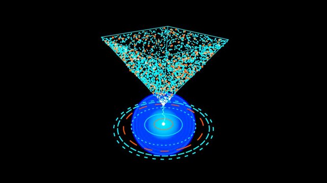 Futuristic 3D hologram animation of an inverted particle pyramid on a glowing blue tech sphere