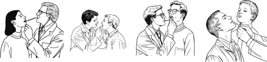 Fototapeta premium A black and white flat vector illustration depicts a gentle throat checkup performed by a doctor using a wooden tongue depressor on a patient with clean line art and a pure white background
