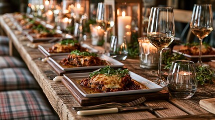 Fototapeta premium A rustic Italian family gathering featuring multiple Chicken Parmesan platters arranged along a large wooden dining table surrounded by wine glasses and candles