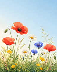 Naklejka premium Vibrant spring wildflower meadow with red poppies, white daisies, blue cornflowers and yellow buttercups beneath a clear blue sky with generous copy space
