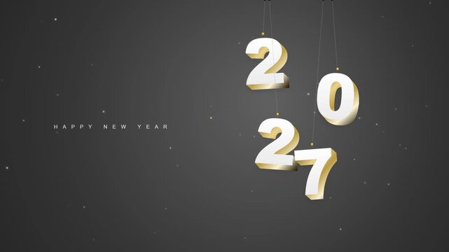 Happy New Year 2027 elegant 3D hanging golden white numbers on a dark background with sparkles